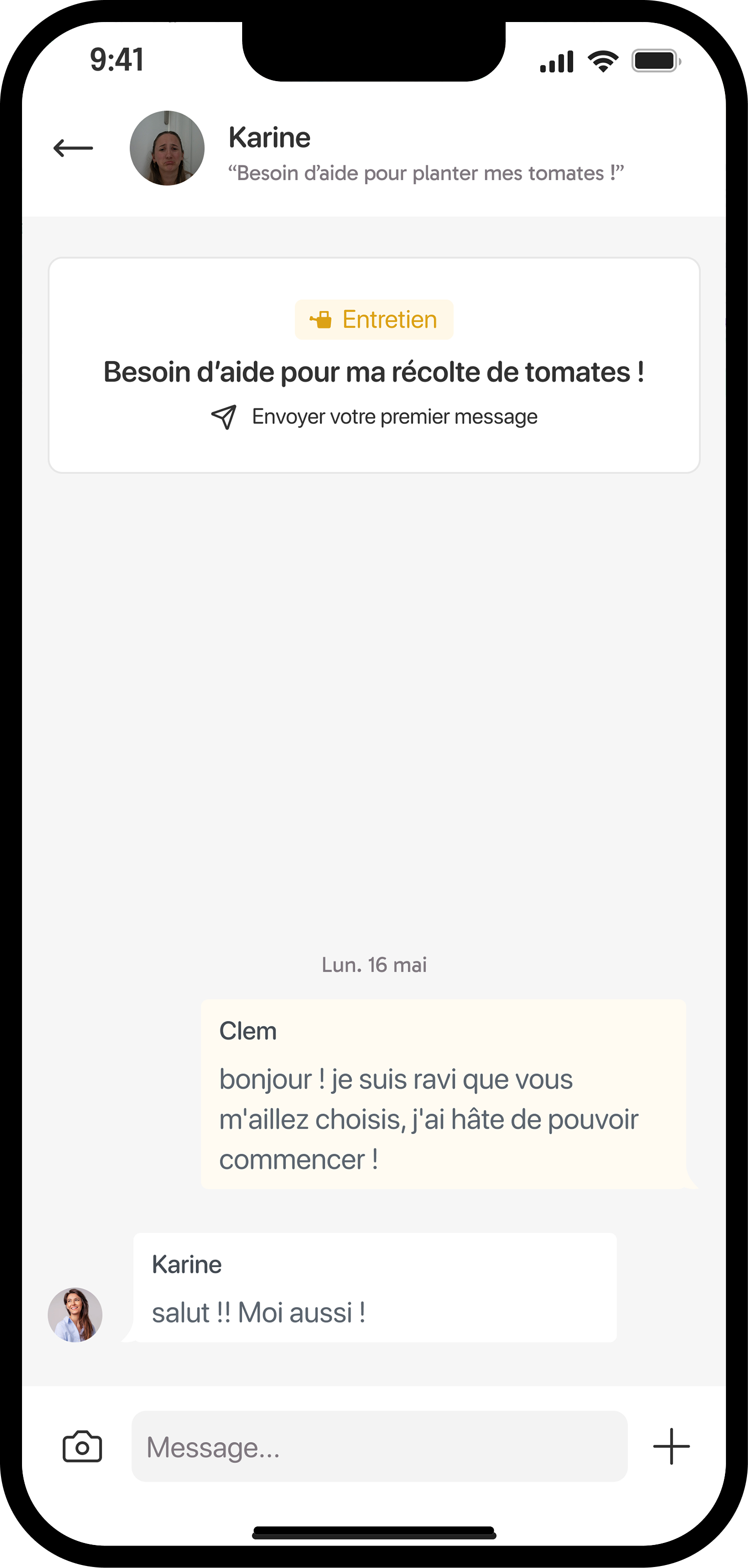 Jardi messaging — chat thread between candidate and garden owner after application is accepted