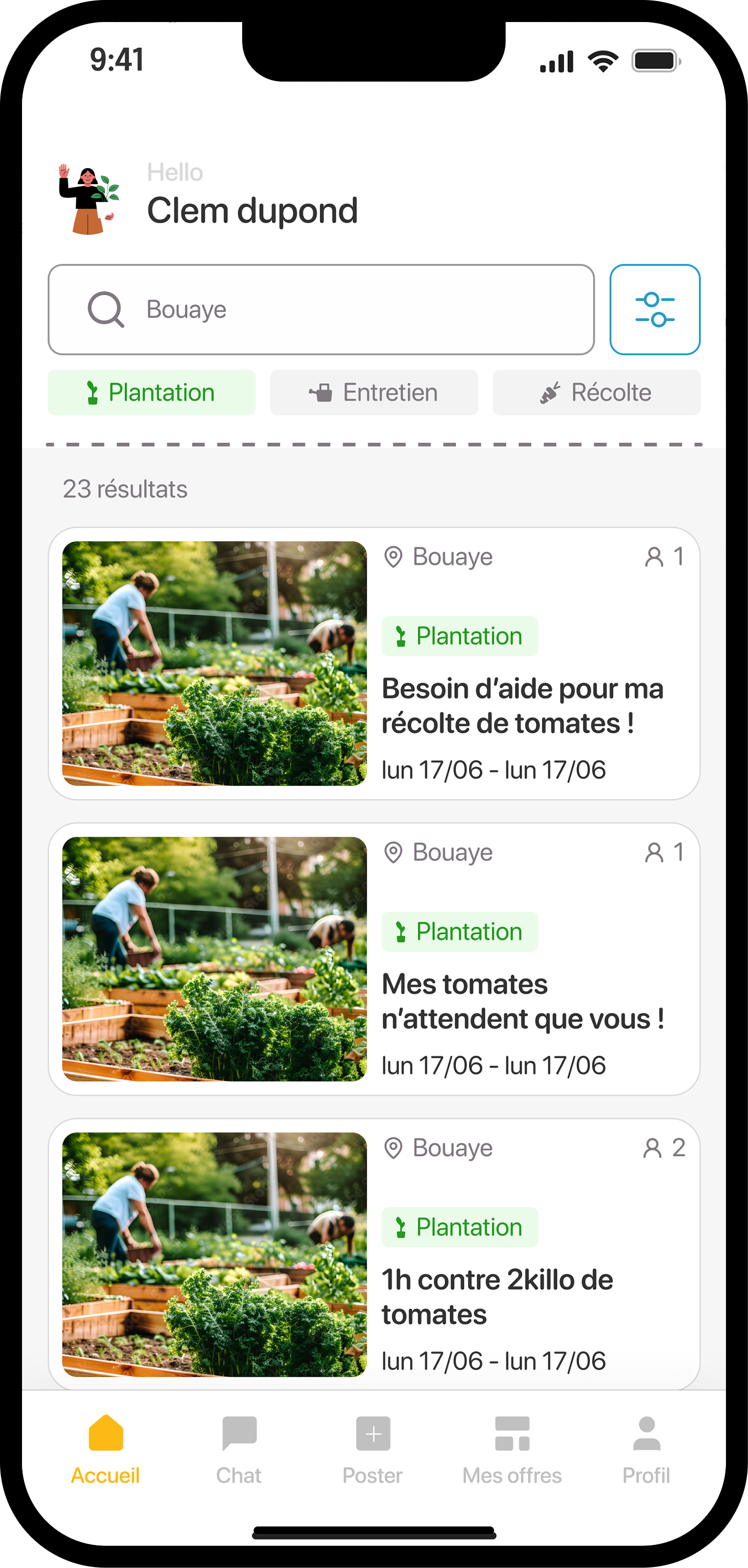 Jardi home — filtered results showing missions tagged as plantation, entretien, or récolte