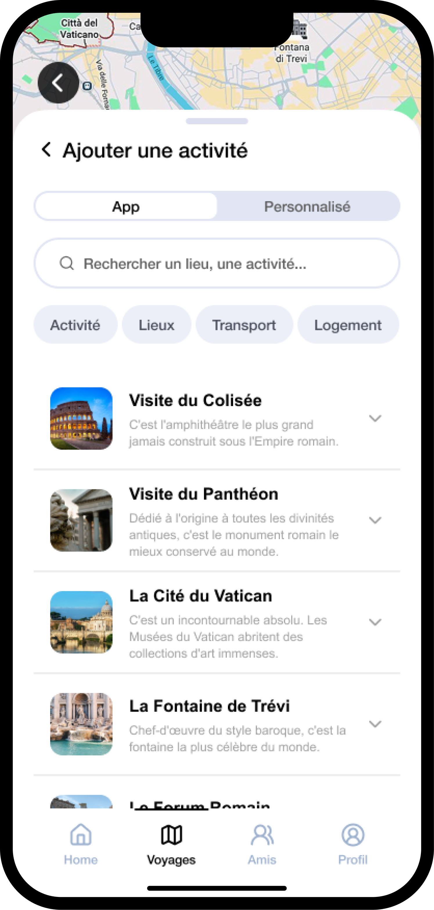WePlan add activity screen with community database search and custom creation option