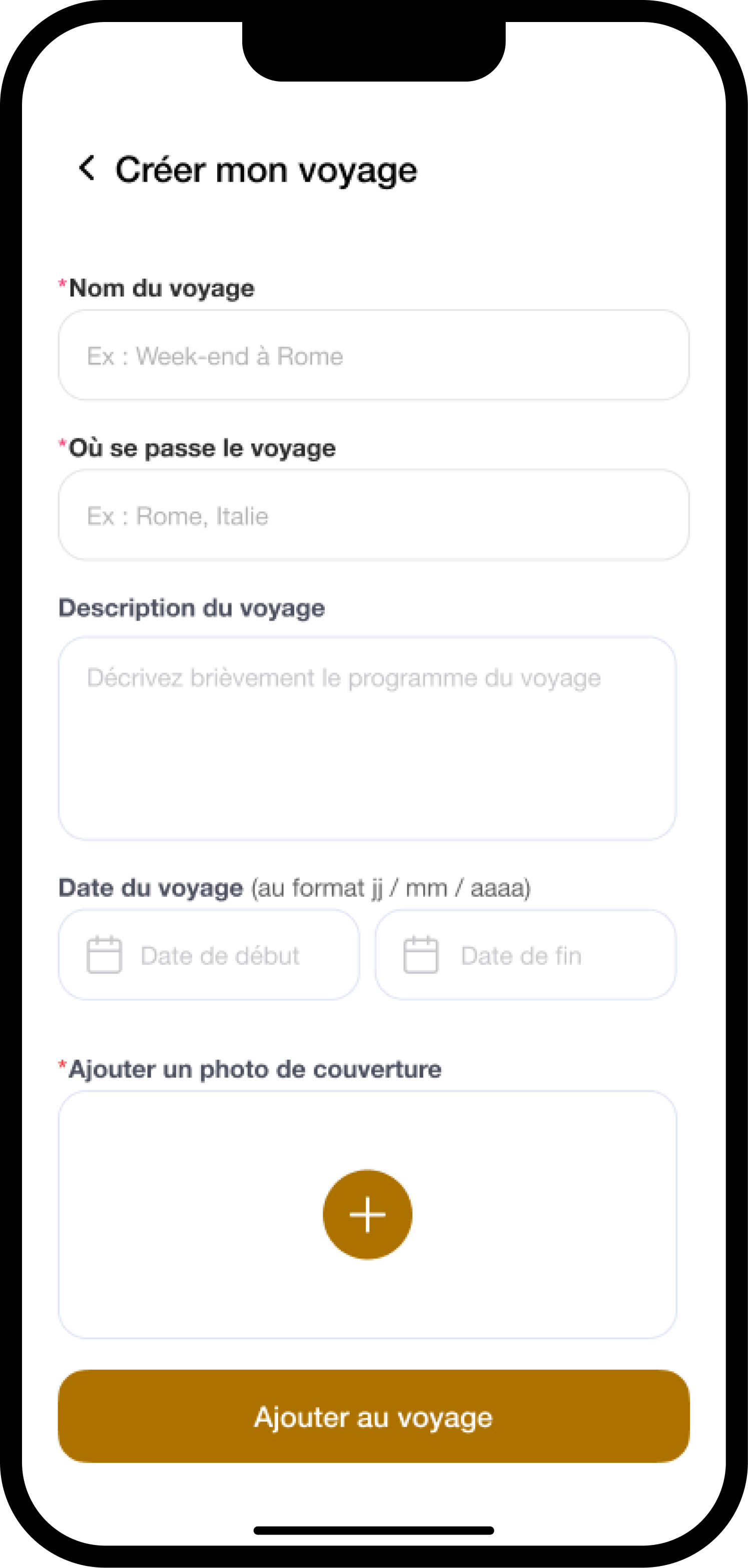 WePlan trip creation step 1 — destination, dates, and trip name form