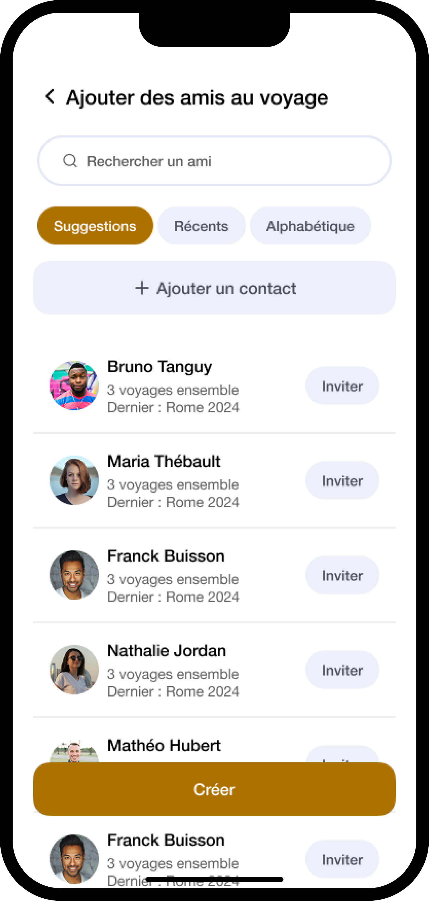 WePlan trip creation step 2 — add friends with contact list and invite checkboxes