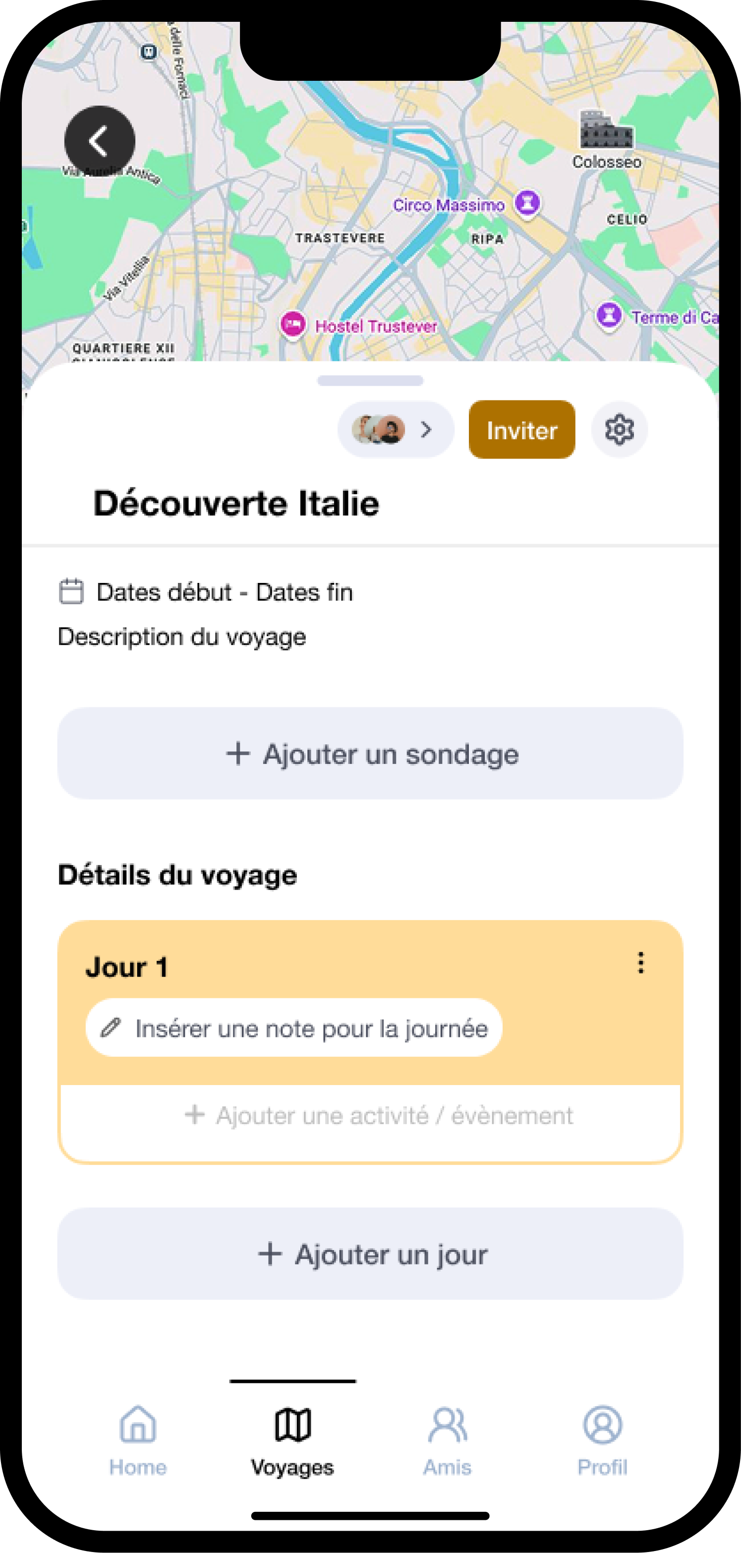 WePlan trip creation step 3 — planning overview with map and activities