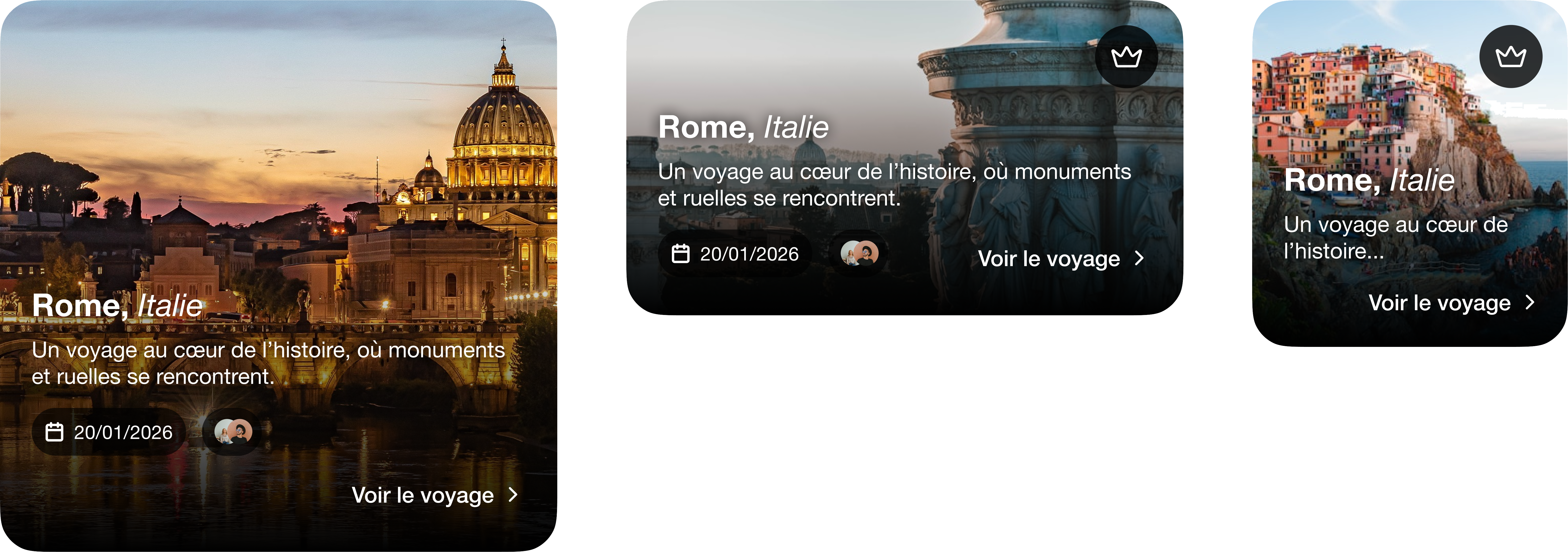 WePlan design system — trip card components in large, medium, and small variants with metadata